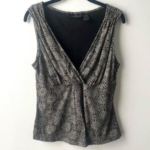 Attention brand grey and black abstract print mesh stretchy v neck top